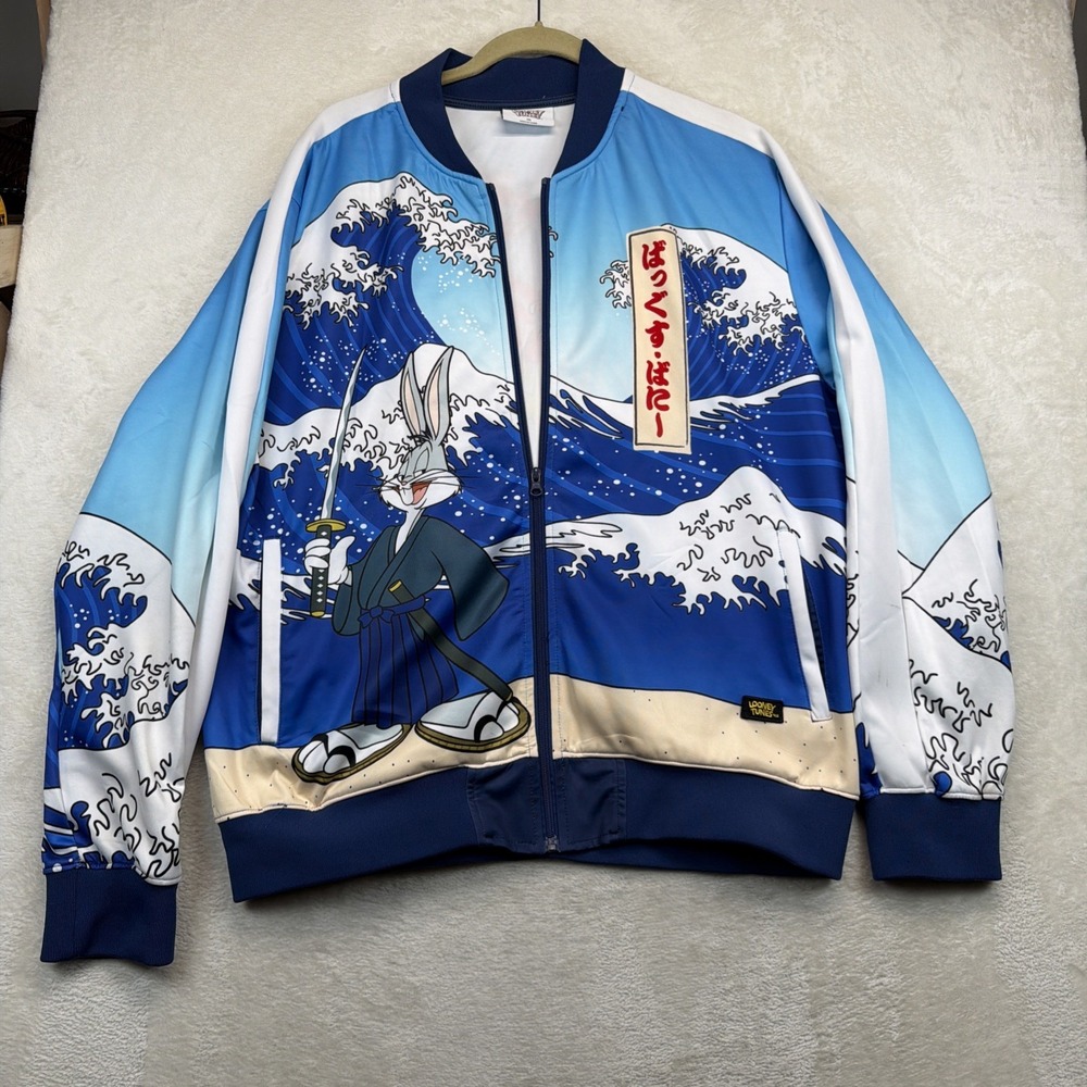Looney Tunes Bugs Bunny Jacket 2XL Japanese Samurai Wave Graphic Bomber Zip